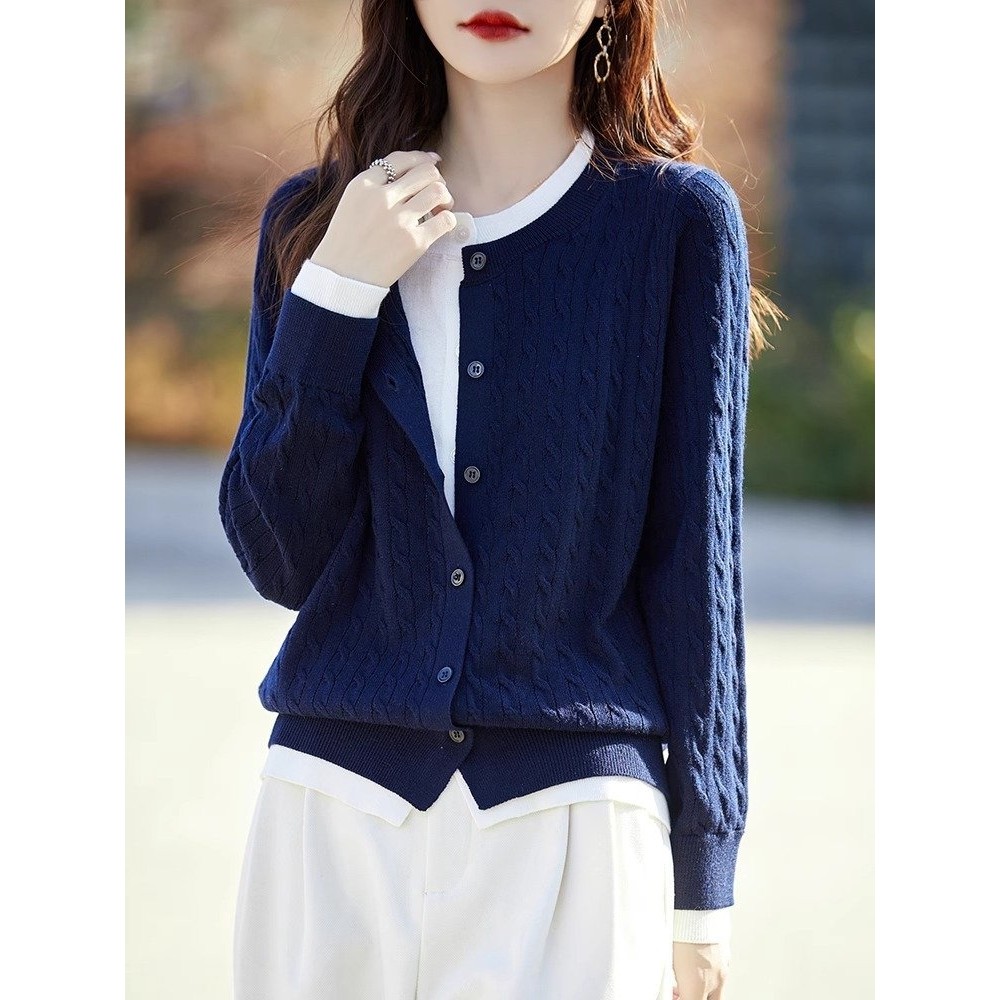 进口复古麻花撞色假两件针织开衫女短外套毛衣2025新款高级感上衣