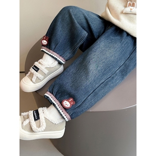 新款 校园童装 儿童卡通加绒牛仔裤 女童洋气老爹裤 2025韩版 进口冬季