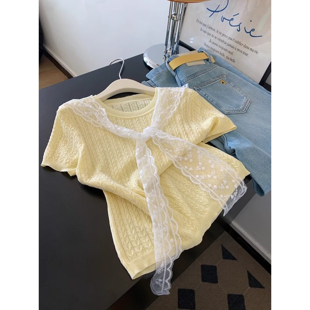 进口正版鹅黄色麻花薄款针织短袖女夏季洋气带披肩打底短袖t恤女