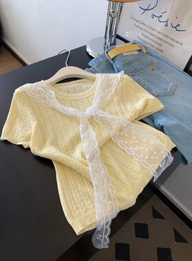 进口正版鹅黄色麻花薄款针织短袖女夏季洋气带披肩打底短袖t恤女