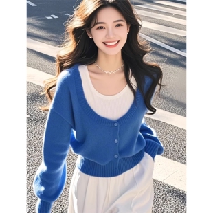 蓝色假两件设计感针织衫毛衣女款2025春装新款穿搭酷飒拽姐上