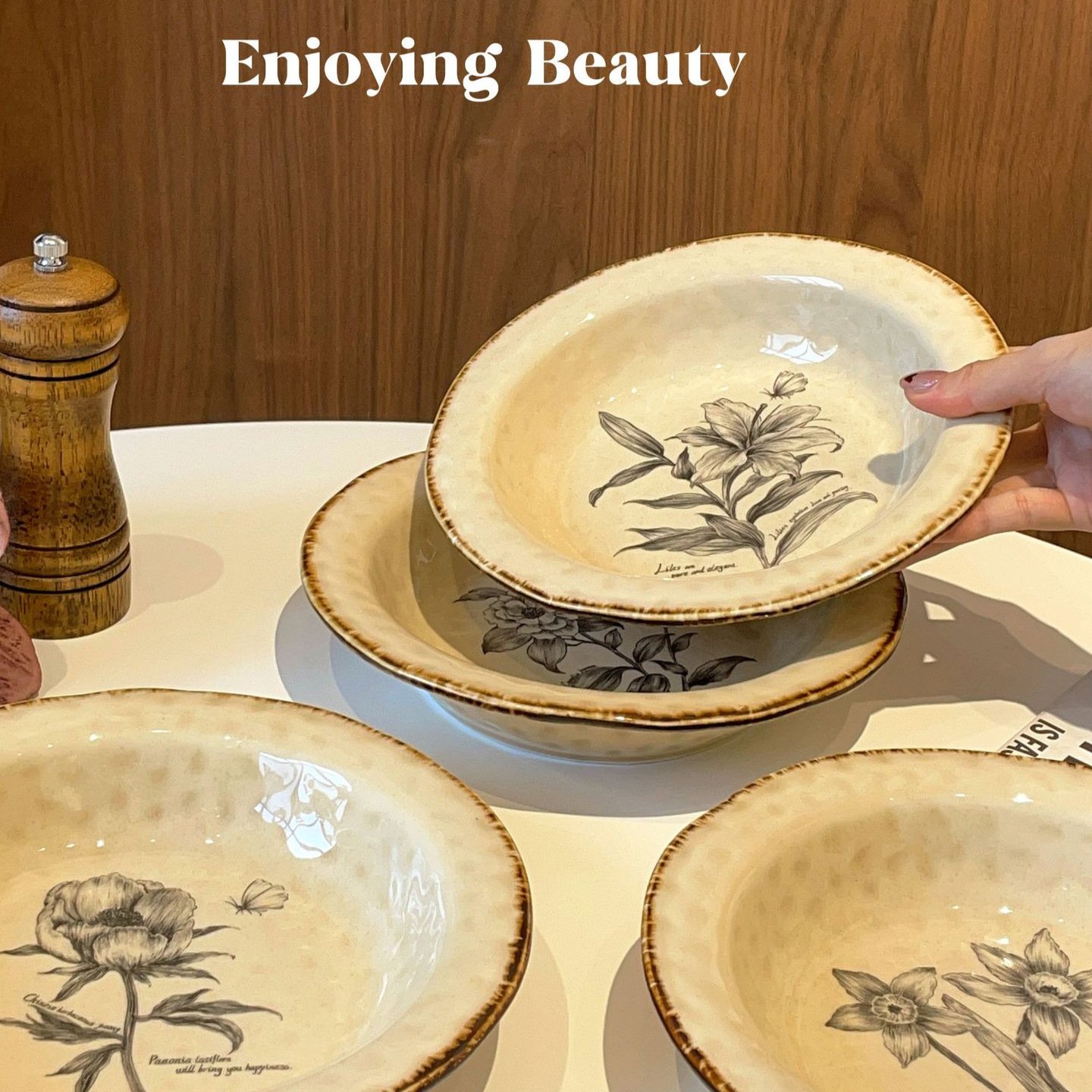 进口日式草帽盘复古花卉深盘意面盘西餐餐盘创意盘子菜盘沙拉盘甜