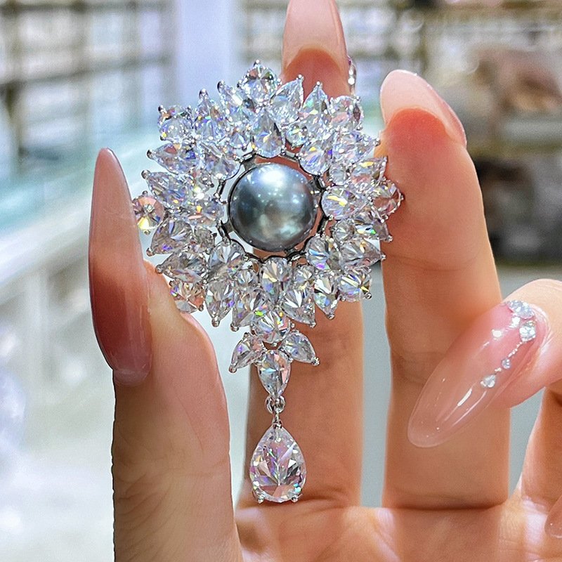 进口DIY配件 高级感满钻雪花流苏胸针女气质百搭锆石别针珍珠胸花