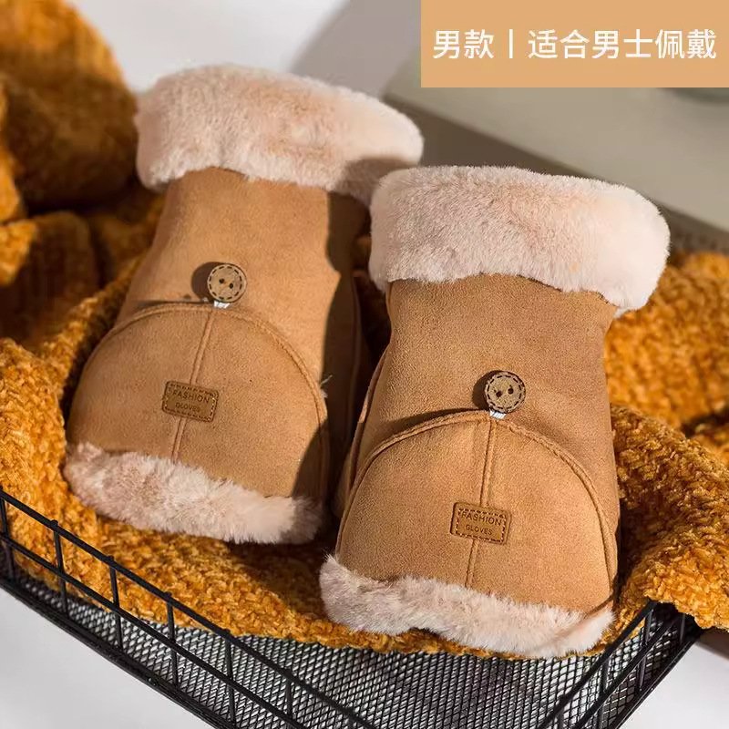 进口秋冬季手套女学生保暖可爱加绒厚翻盖办公骑车麂皮绒保暖半指