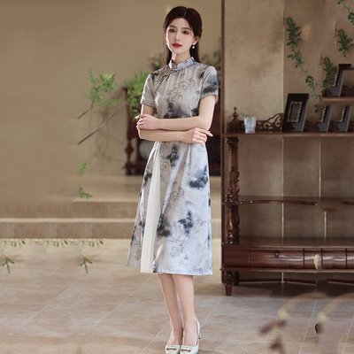 胖东来新中式奥黛旗袍连衣裙微胖遮肚子2025新款显瘦年轻款改良版