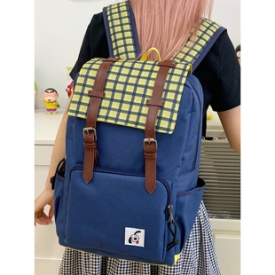 2025年书包女新款古着复古黄色格子拼接蓝色帆布原创大容量双