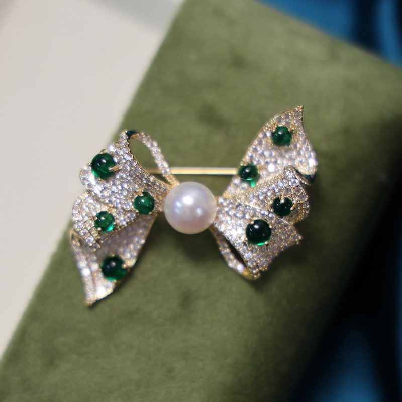 进口DIY配件 时尚祖母绿蝴蝶结胸针铜镀金镶锆石气质别针珍珠胸花