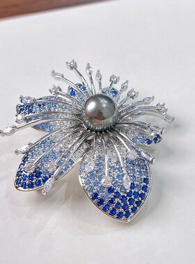 DIY配件 高档渐变蓝色锆石兰花胸针女铜镀金百搭别针珍珠胸花