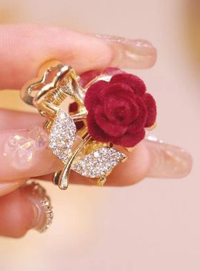 进口精致浪漫水钻玫瑰花抓夹超仙发爪刘海夹高级感迷你发抓网红发