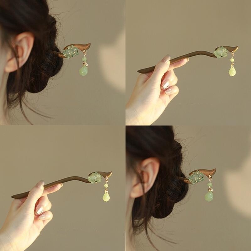 进口古风莲花发簪新中式木质簪子高级感盘发发钗旗袍配饰新款头饰