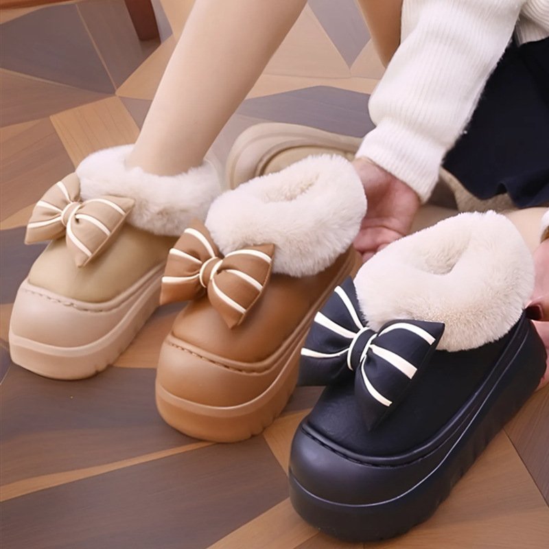 胖I东来冬季新款PU棉拖鞋女士包跟时尚蝴蝶结棉鞋居家外穿加绒保