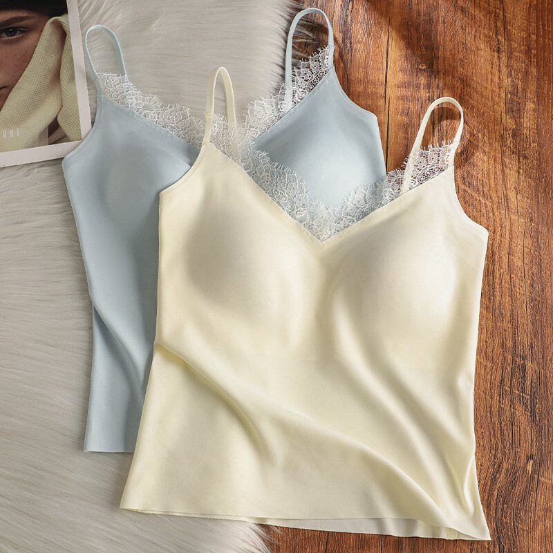 韩国进口原版蕾丝性感粉底液吊带小背心女遮肚带胸垫白色内衣外穿