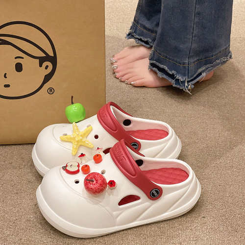 进口可爱苹果海星洞洞鞋女夏季外穿2025年新款防滑厚底沙滩包头凉