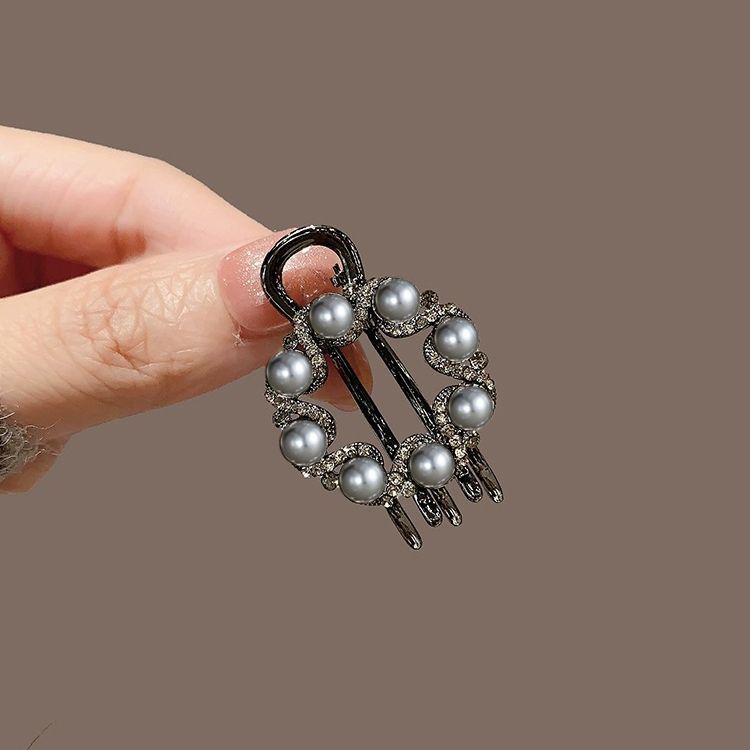 进口赫拉小姐~气质镂空鸭嘴夹珍珠侧边刘海夹发卡子碎发夹子黑色