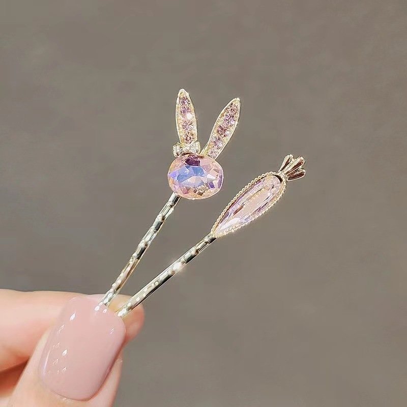 进口可爱水晶兔子一字夹刘海发夹2023甜美少女边夹一字夹发卡碎发