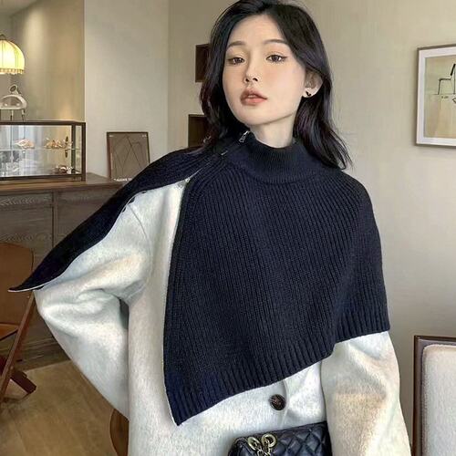 山姆进口韩国东大门拉链开叉披肩秋冬外搭时尚韩版百搭套头披肩针