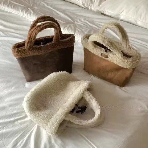 进口包包女2023新款潮韩版毛毛包手提菜篮子毛绒绒双面背手拎水桶