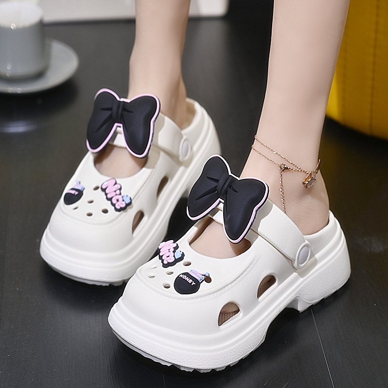 胖I东来新款少女心蝴蝶结洞洞鞋女士夏季可爱外穿厚底增高防滑包