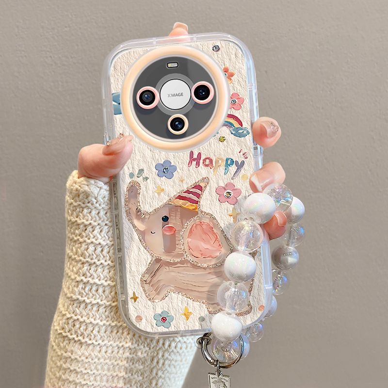 适用华为新款mate70手机壳带挂链全包防摔mate60pro可爱油画小象