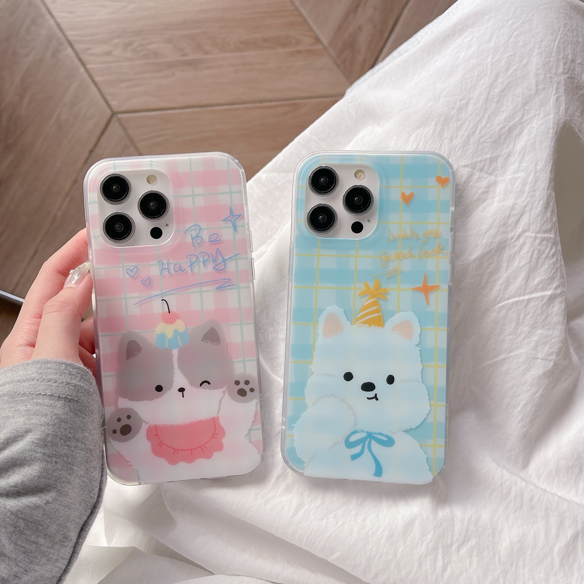 双层磨砂卡通格纹猫咪狗狗适用