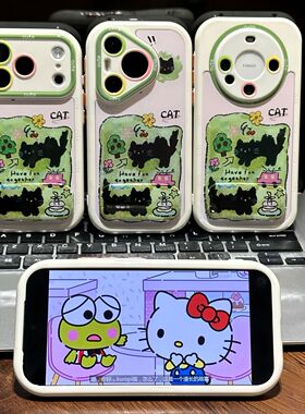草地樱桃黑猫支架适用苹果17手机壳iPhone16Pro小米oppo防摔全包