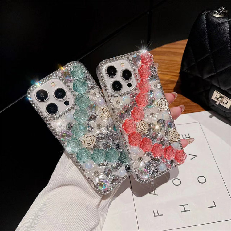 边钻奢华玫瑰花苹果17pro max手机壳批发 适用iPhone 13 15 16 12 11 14 plus水钻新款男保护套镶钻全包女立