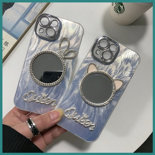 羽纱兔耳朵猫咪镜子苹果16 pro max 手机壳批发 适用iPhone 11 13 XS XR 12 15 14 plus全包水钻女新款工厂防