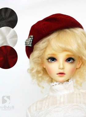 【满68包邮】现货 三万院长BJD帽子BJD画家帽淑女毛呢帽3分红黑色