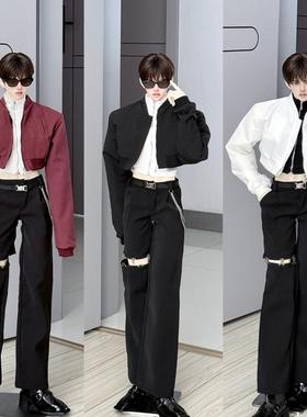 满68包邮 bjd娃衣75叔短夹克三件套装外套内搭拼接长裤 三万院长