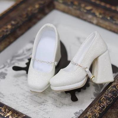 bjd娃鞋珍珠绑带亮闪粗跟鞋