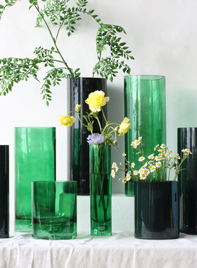 简约厚底泡绿色玻璃花瓶大号富贵竹水养插花圆形直筒婚礼客厅摆件