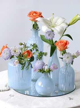 法式白色蓝色玻璃小花瓶客厅插花摆件高级感小众莫兰迪色餐厅装饰