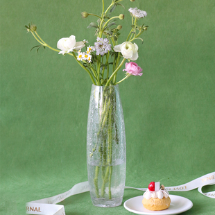 法式复古冰裂纹玻璃花瓶高级感30cm细高透明家用客厅桌面装饰花瓶