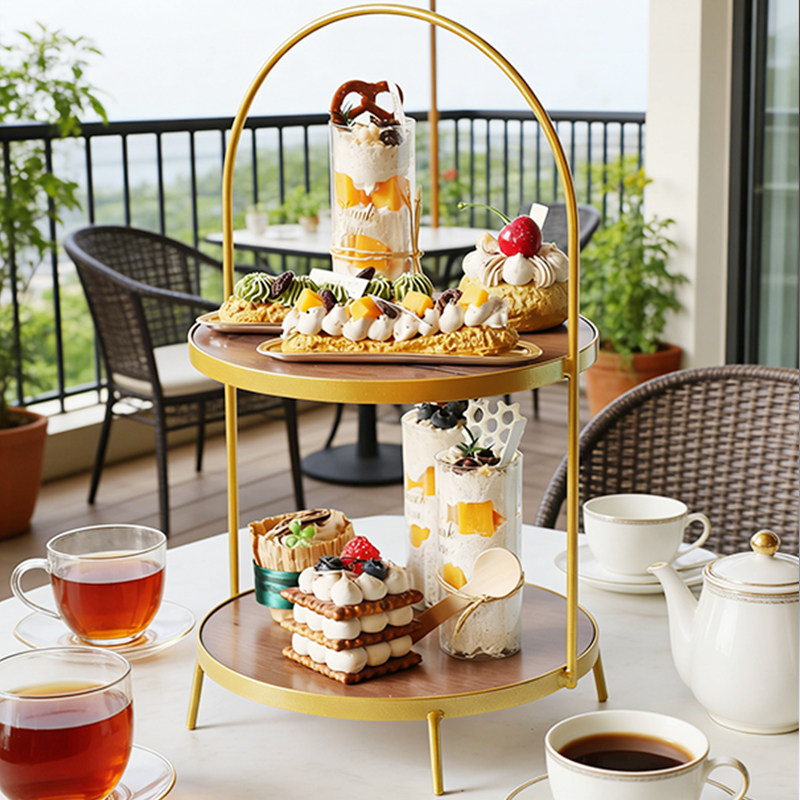 欧式金色双层下午茶点心蛋糕架轻奢风甜品展示架化妆品收纳置物架