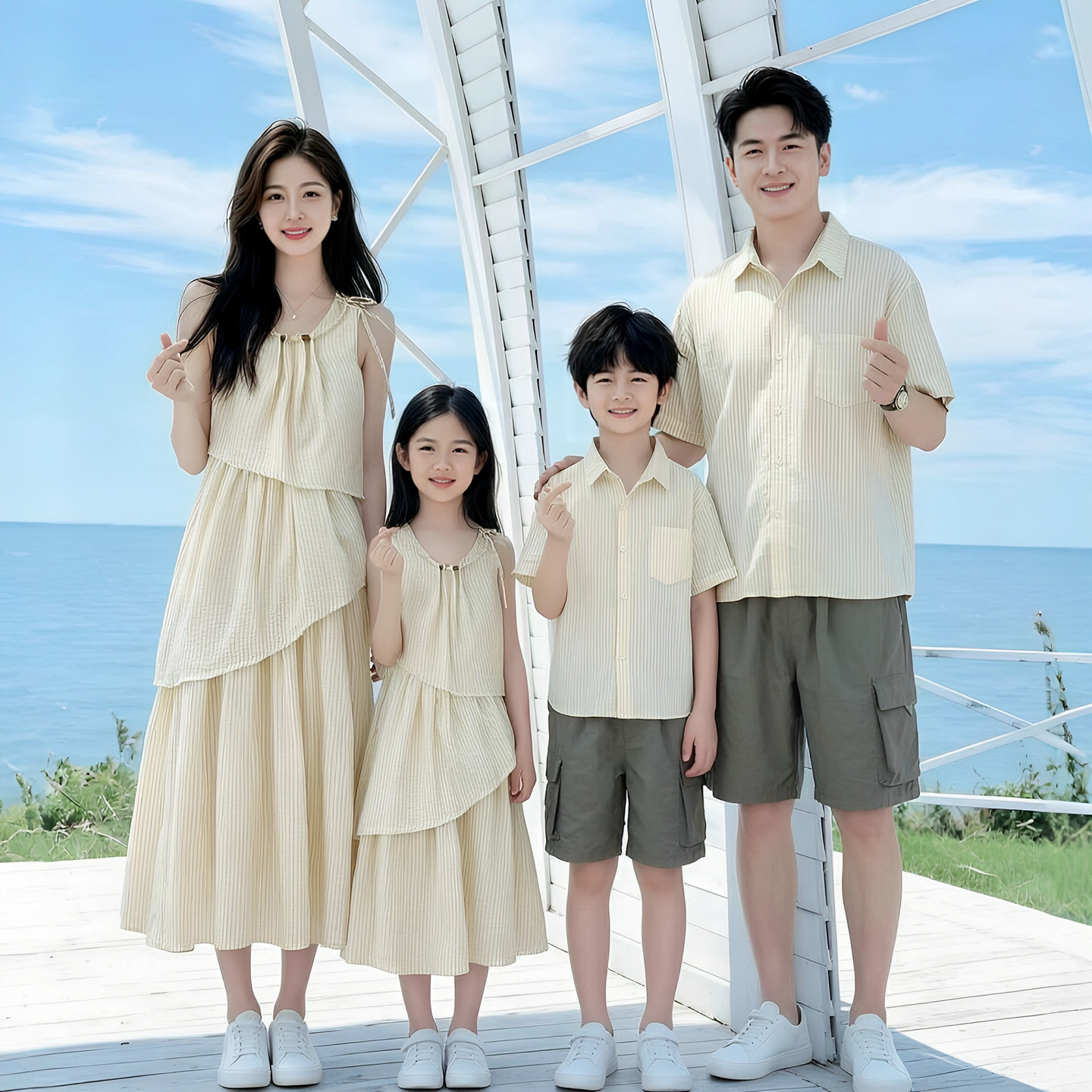 度假风条纹亲子装夏季一家三四口海边旅游拍照沙滩套装母女连衣裙