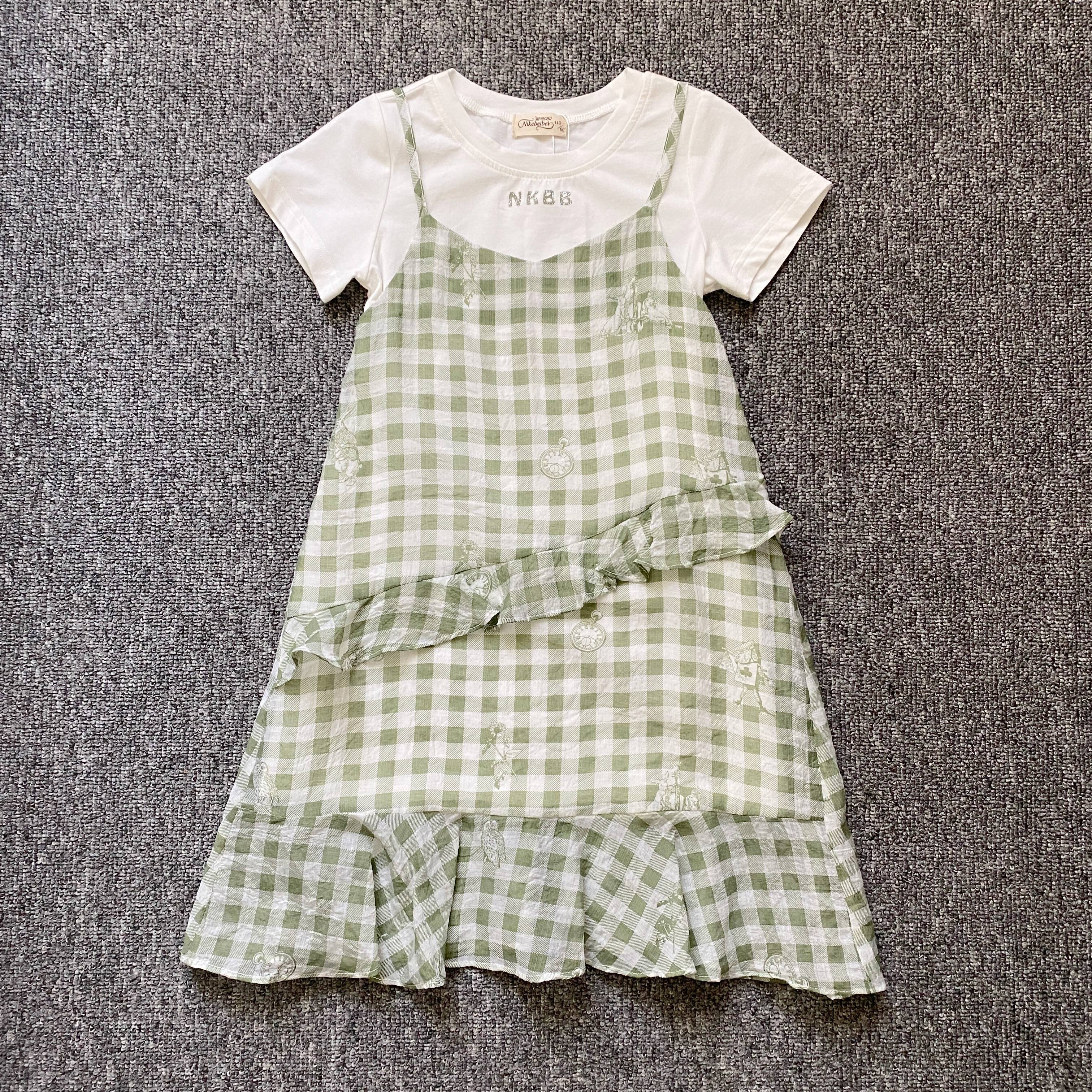 妮可贝贝夏季连衣裙女童假两件套格子裙儿童短袖上衣吊带裙两件套