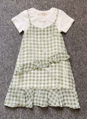 妮可贝贝夏季连衣裙女童假两件套格子裙儿童短袖上衣吊带裙两件套