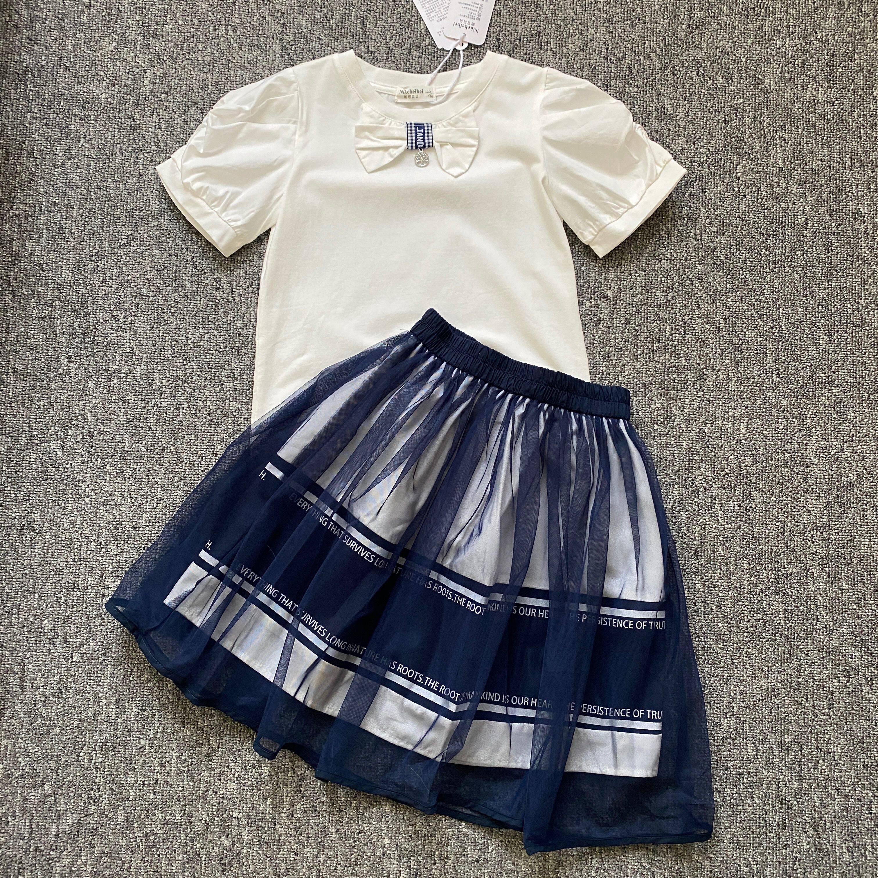 妮可贝贝夏季套装女童短袖上衣半身纱裙两件套儿童学院风纱裙套装