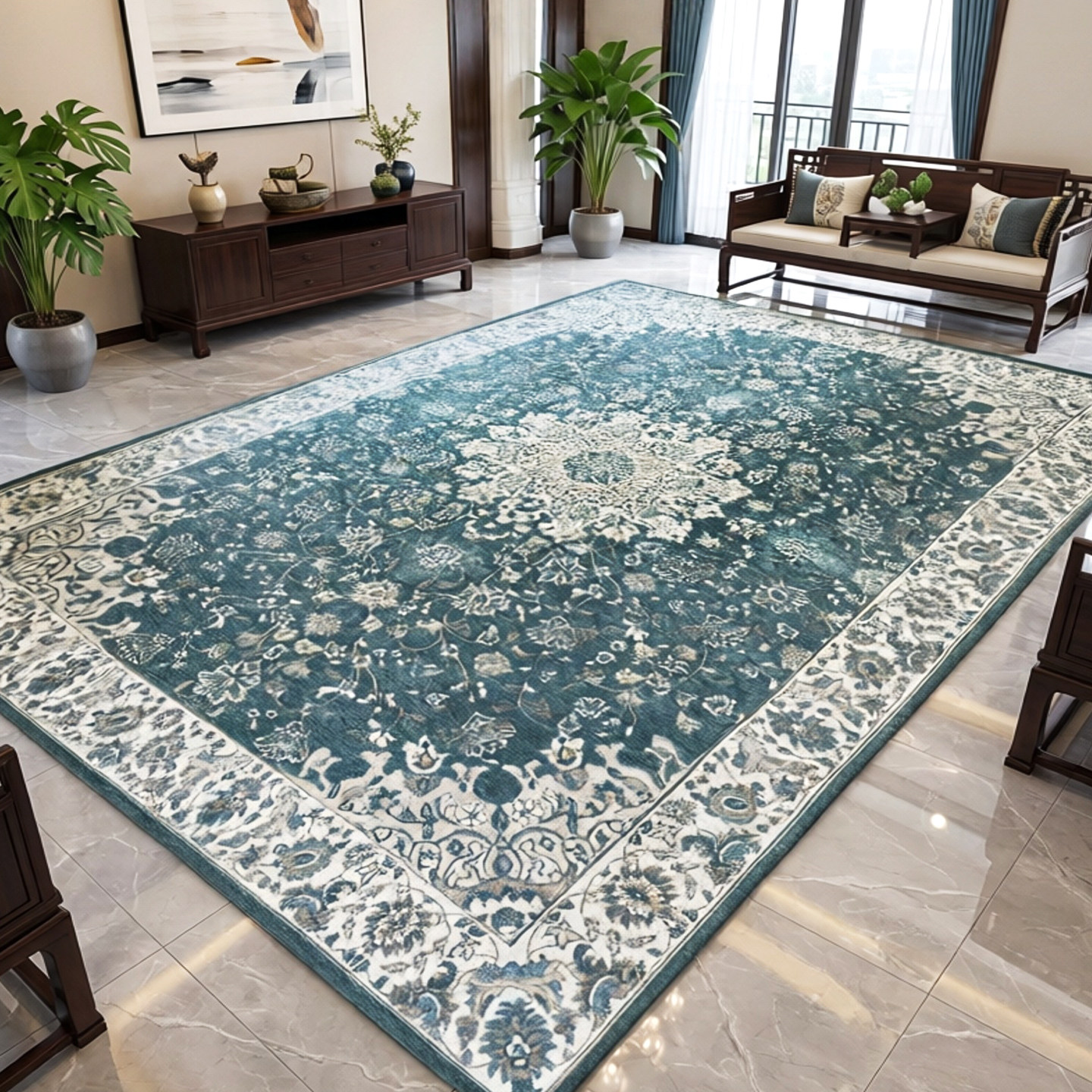 欧美地毯卧室客厅沙发毯美式波斯风灰绿色编织家用复古欧式茶几垫