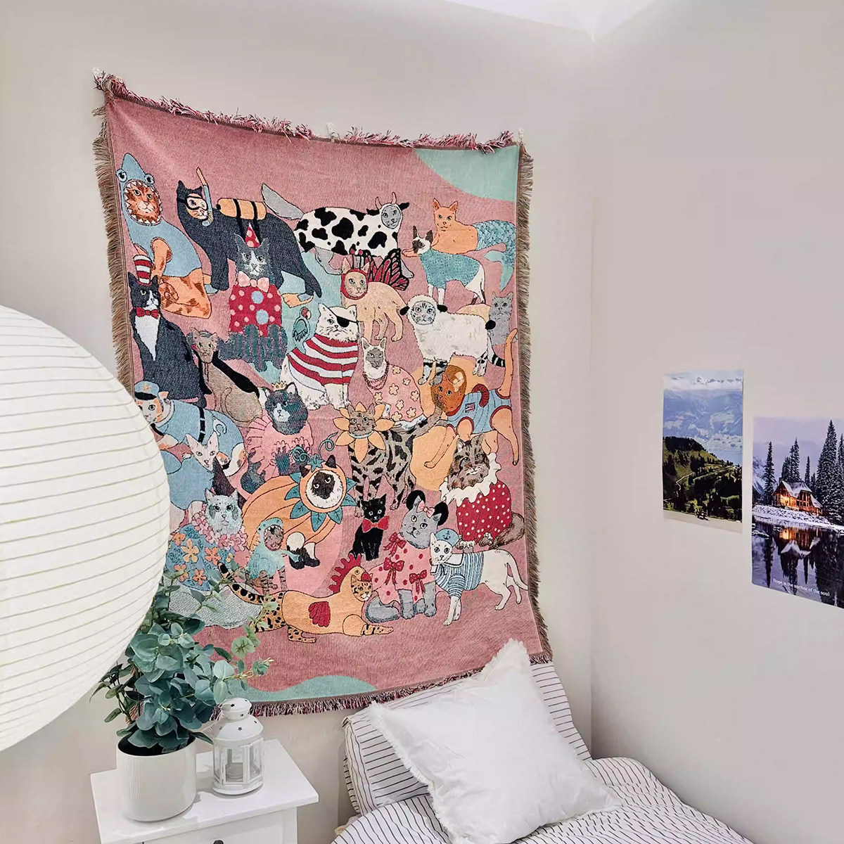 Karen mabon北欧风 沙发毯毛毯挂毯粉色猫咪复古毯房间装饰针织毯,床上用品,休闲毯/毛毯/绒毯,淘宝优惠券,粉丝福利购,淘宝优惠卷