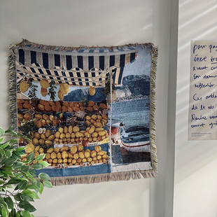 北欧圣诞托里尼柠檬沙发毯盖毯布置意大利小众房间风景卧室墙挂毯