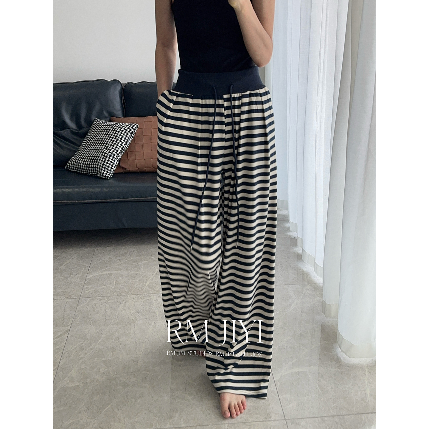 慵懒风条纹阔腿裤女高腰抽绳女