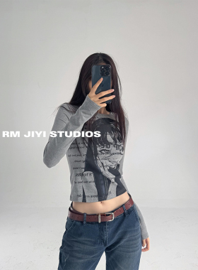 打底衫女美式复古灰色正肩长袖t恤新款辣妹修身弹力针织显瘦印花