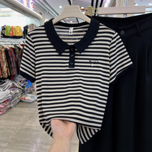 时尚妈妈装黑白条纹短袖polo衫
