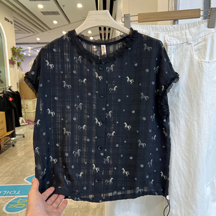 四季青妈妈装小马印花黑色短袖衬衫女夏季木耳边宽松显瘦减龄上衣
