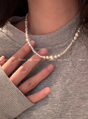 碎银子珍珠项链高级感轻奢小众锁骨链个性时尚毛衣链2025新款颈链