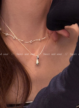 双层叠戴精致高级感水滴吊坠项链轻奢小众锁骨链简约冷淡风毛衣链
