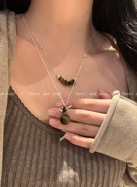 秋冬美拉德虎眼石吊坠项链小众设计感高级轻奢简约气质毛衣链颈链