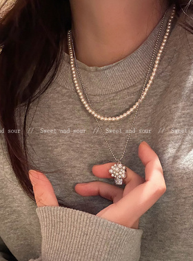 秋冬简约珍珠项链女双层叠戴法式小众设计感锁骨链2025年新款颈链