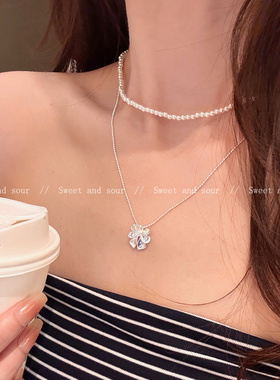 甜酷双层蝴蝶结珍珠项链女轻奢高级感精致锁骨链2025新款百搭颈链